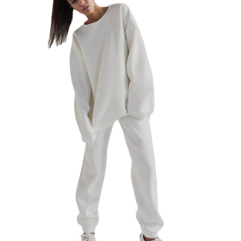 Chándal de lana de dos piezas para mujer, sudadera de gran tamaño, pantalones de Color sólido, trajes informales de otoño e invierno: L / White