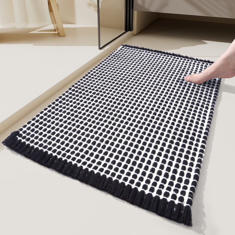 Boho Bathroom Rug with Tassel, Small Cotton Woven Entryway Rug, Reversible Low Profile Door Mat, Modern Farmhouse Carpet: black / 500MMx1000MM