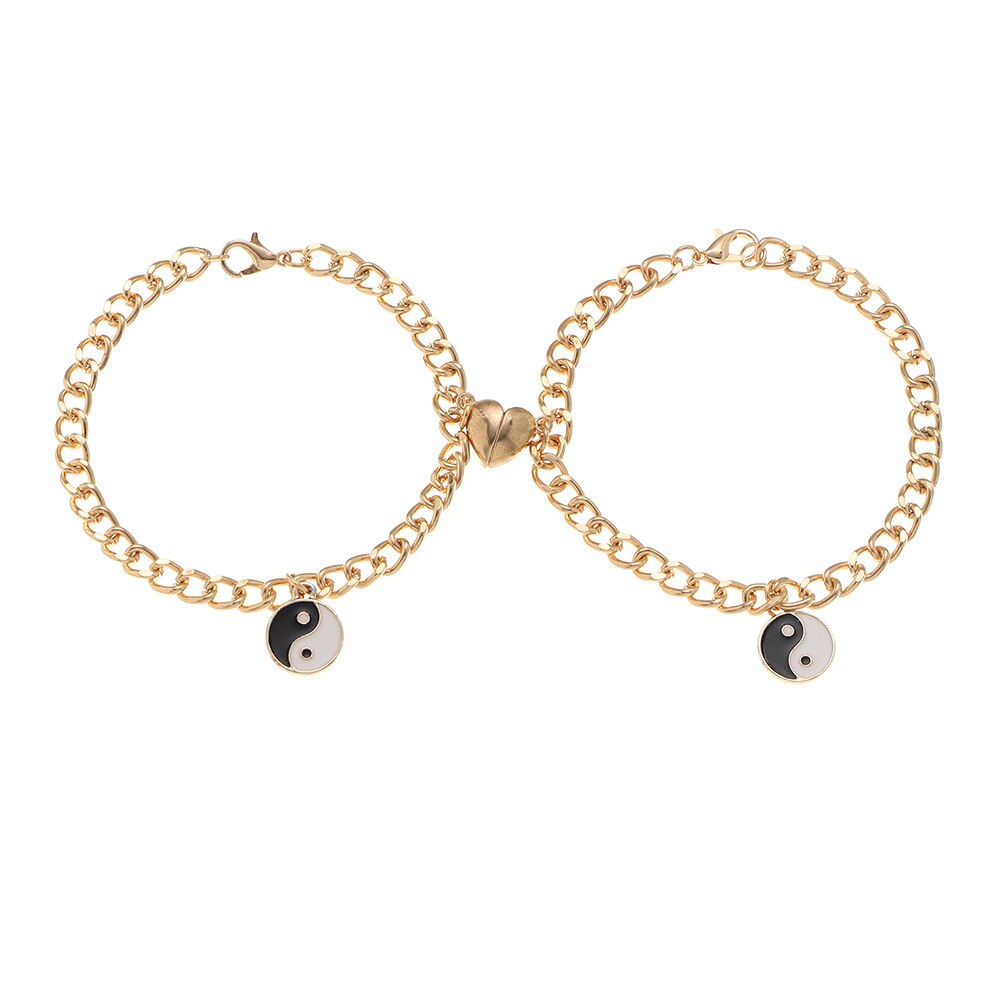 Tai Chi Yin Yang coppia bracciali per donna ciondolo in lega catena regolabile cuore braccialetto magnetico abbinamento amante regali gioielli: set 1-golden