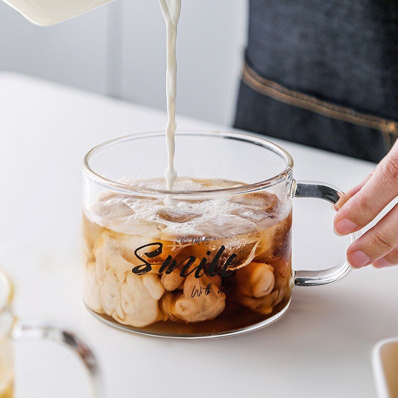 Taza de agua de cristal resistente al calor con mango parte inferior plana se puede calentar transparente para el desayuno en casa Vaso de Leche de cóctel