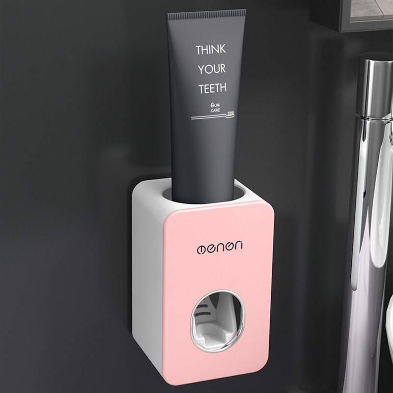Automatic Toothpaste Dispenser Dust-proof Toothbrush Holder Wall Mount Stand Bathroom Accessories Set Toothpaste Squeezers: Pink
