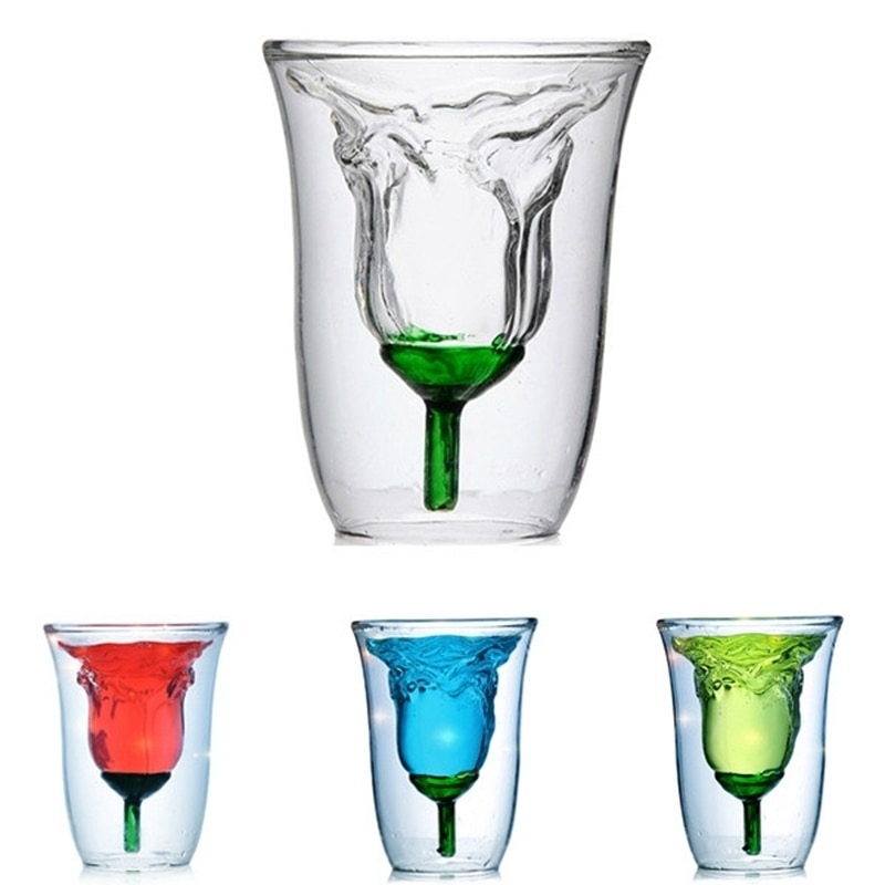 Heat Resistant 180ml Rose Shape Double Wall Glass Tequila Cups Double Walled Coffee Beer Tea Cup Glassware Bar Cocktail Glass