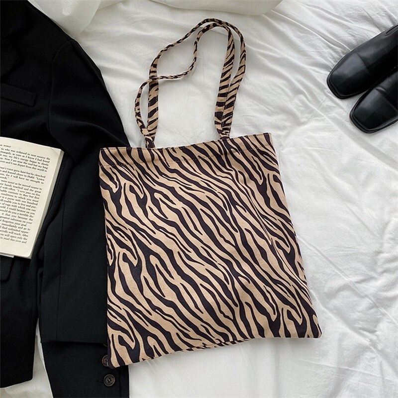 Funmardi Mode Zebra Gedrukt Shopping Tassen Canvas Vrouwelijke Handtassen Trendy Schoudertas Hoge Capaciteit Tas WLHB2386