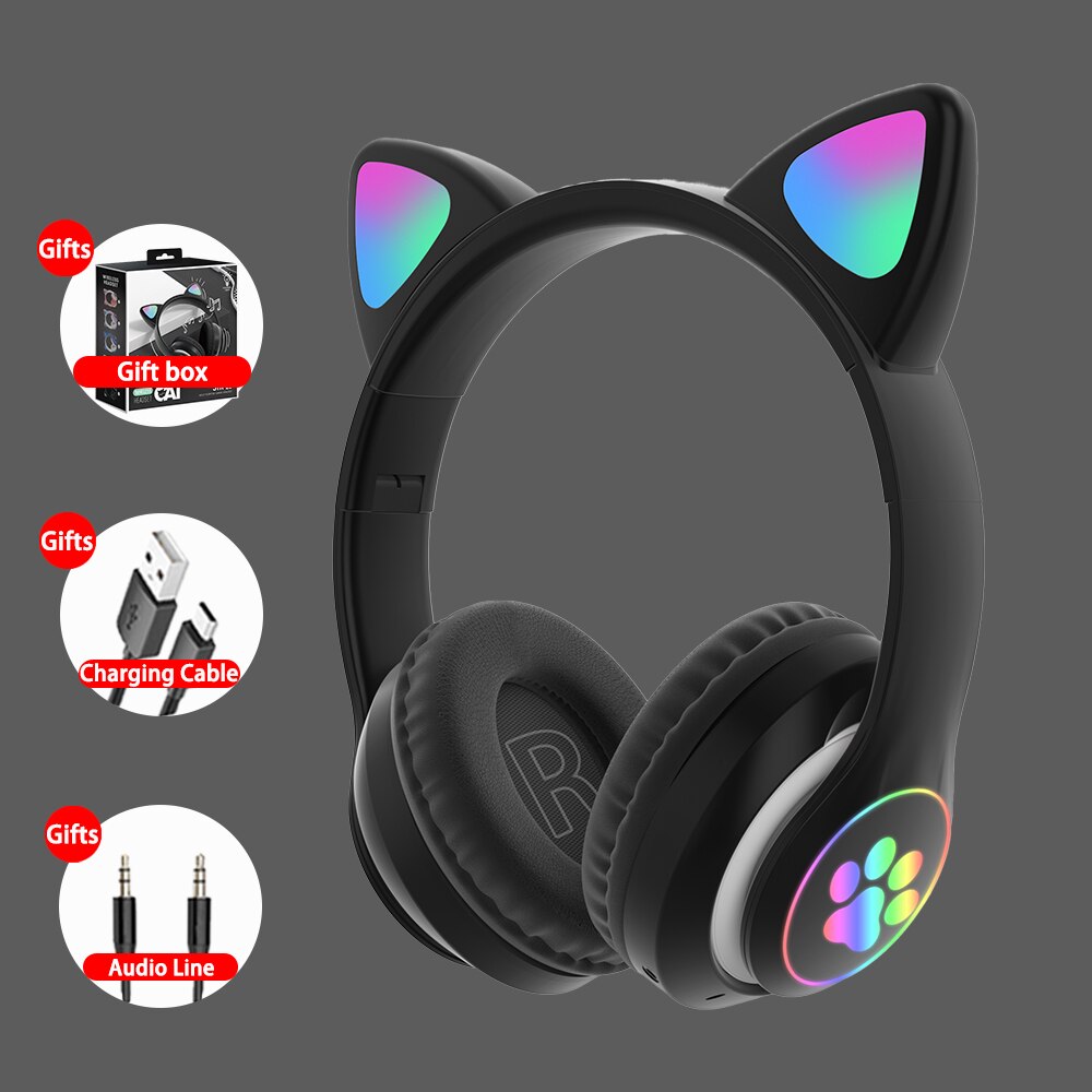 Cat Ears Cute Wireless Helmets Bluetooth Headphone Big Wireless bluetooth Headset LED Kid Girl Helmet Phone Headset Earbud: Black  Headsets