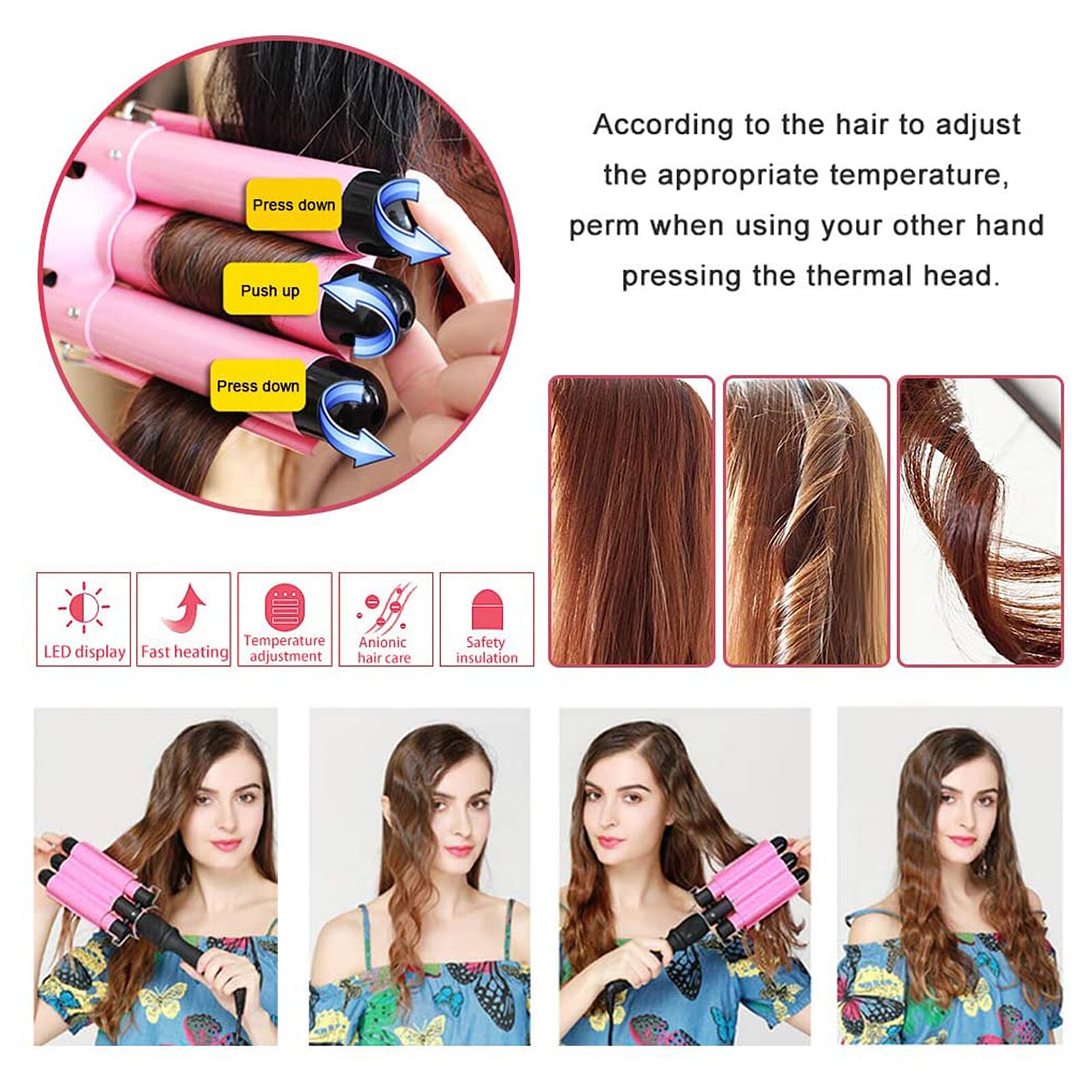 Triple Barrel Hair Curler Irons With Lcd Temperature Display Hair Stick Ceramic Hair Wave Waver Suitable For Salons