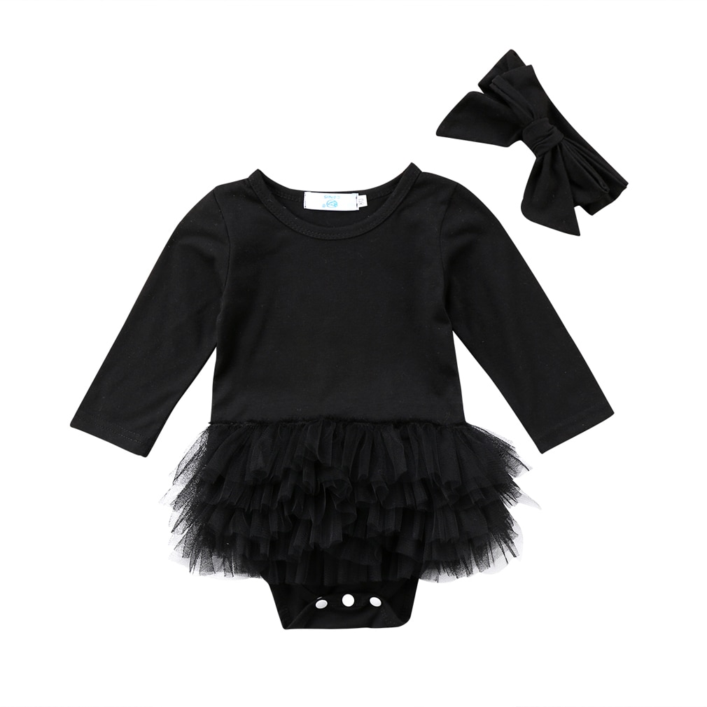 Nyfødt baby pige sort langærmet jumpsuit bodysuit tutu kjole bowknot pandebånd outfit tøj sæt