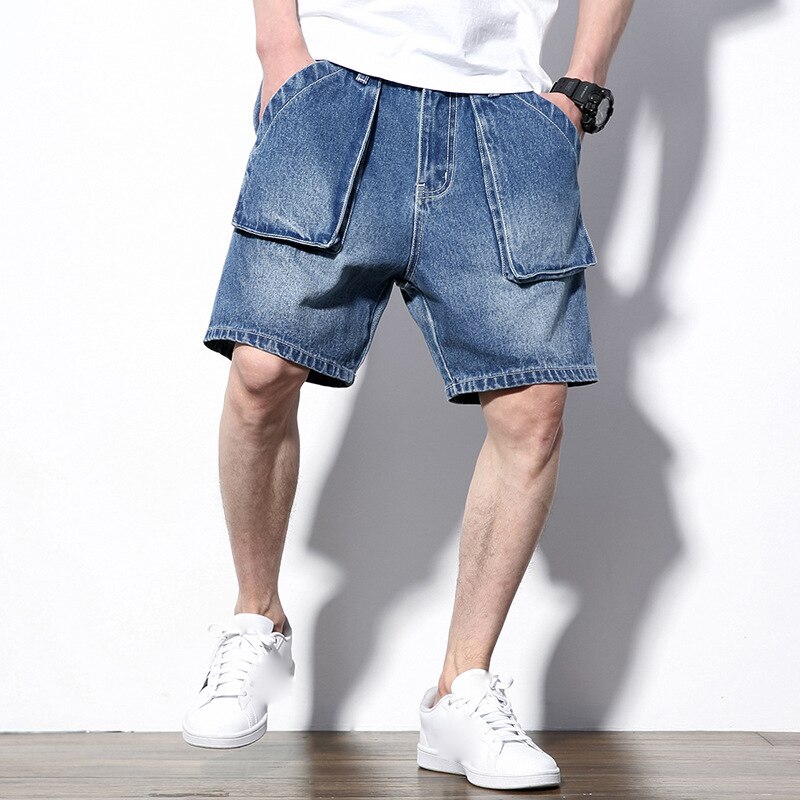 Summer Men&#39;s Denim Shorts Big Size Multi Pocket Casual Loose Japanese Jean Short Male Brand Cargo Shorts For Men Blue