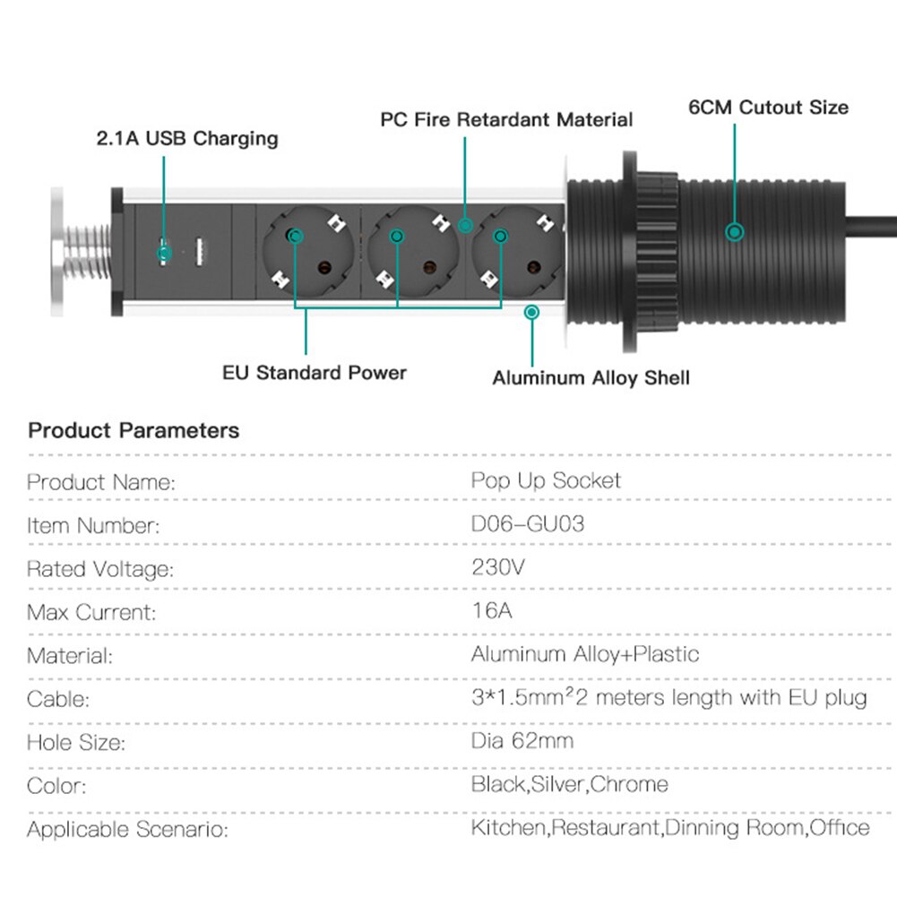 Charging Station 2 USB Port Living Room Retractable Countertops Power Outlet Aluminum Alloy 3 Plugs Desktop Socket