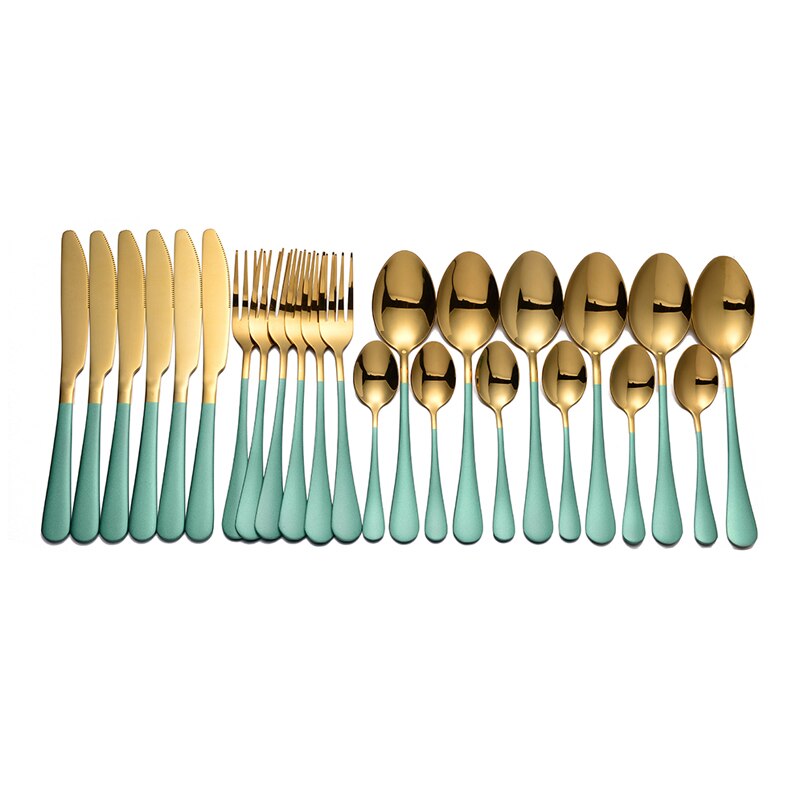 Goud Servies Vorken Messen Lepels Rvs Golden Bestek Set Zilverwerk Set 24 Pcs Roestvrij Staal Bestek Compleet: green gold 6 sets