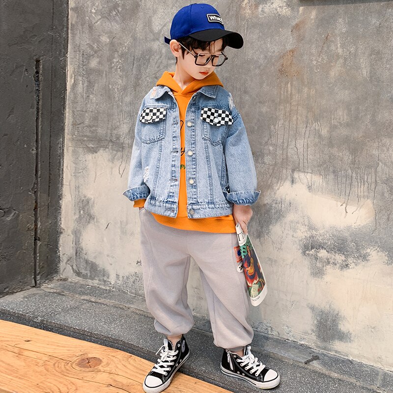 4-14 jahre Teenager freundlicher Jungen Jeans Mantel gerissen See Patchwork Denim Jacken Jungen Alle-spiel lässig Spitzen Frühling Herbst Kleidung