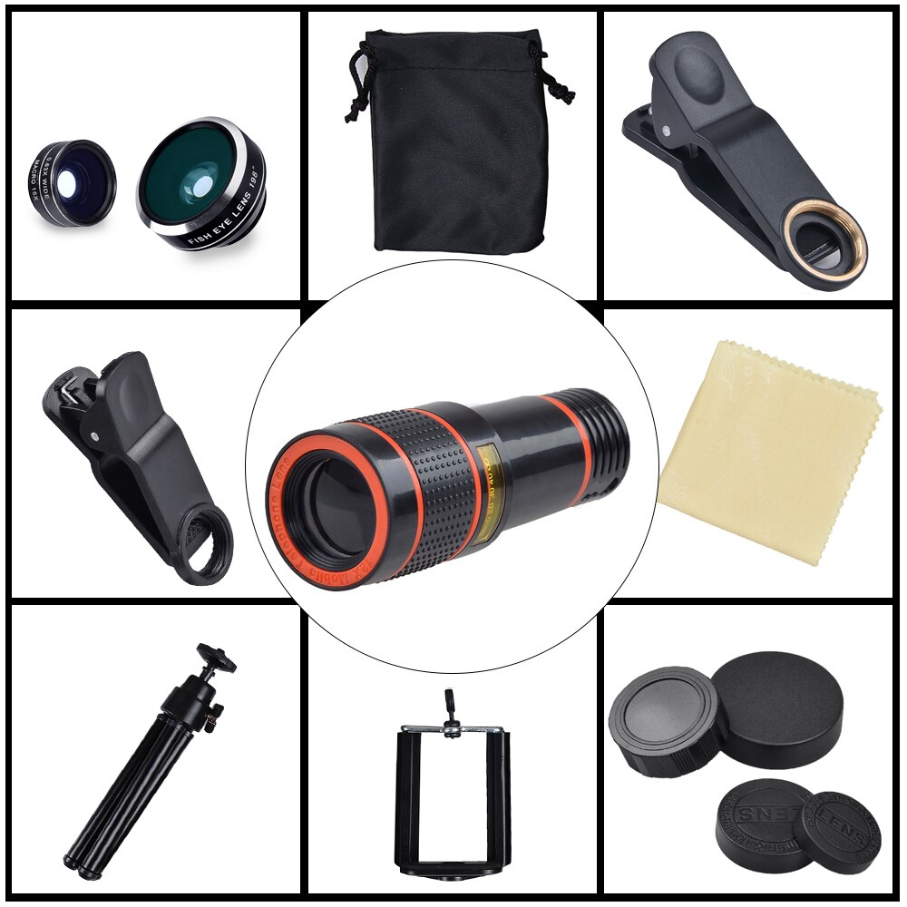Apexel 12X Zoom Telephoto Telescope With 3 in 1 Lens Tripod Fisheye Wide Angle Macro Phone Lens For iPhone Sumsung xiaomi Redmi