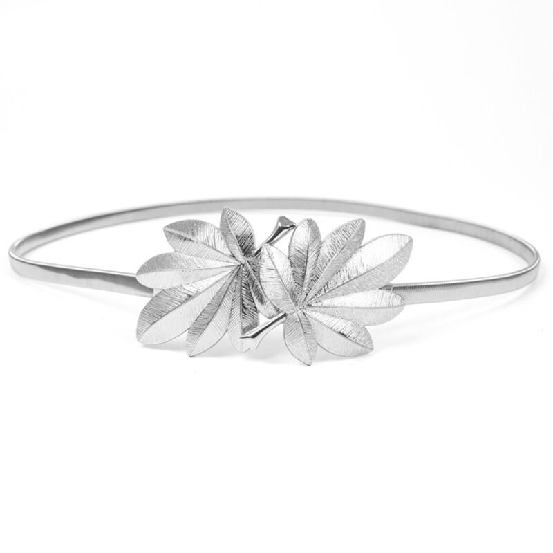 Vrouwen Bridal Skinny Tailleband Maple Leaf Vorm Metalen Gesp Glitter Effen Kleur Elastische Jurk Riem Cummerbunds Goud/Zilver: Zilver