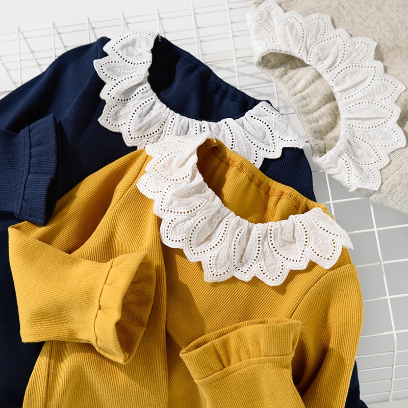 Babymeisjes t-shirt met kanten kraag, kinderblouse voor meisjes, tops, herfstprinsessen, lange mouwen, geribbelde strepen, kindertruien