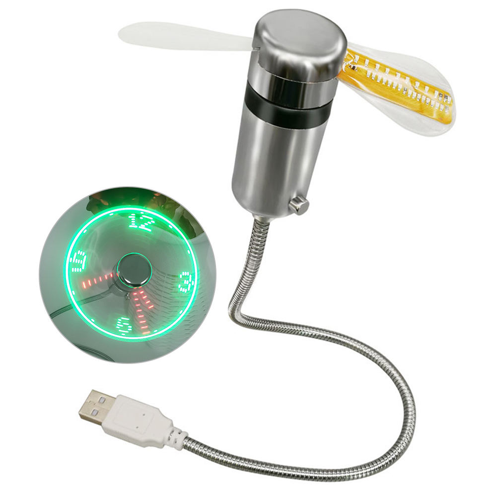Portable Clock Fan RGB LED Night light 5V USB Hand Fan Real Time Temperature Display Metal Mini Fan for PC Laptop Desktop Cooler: Red