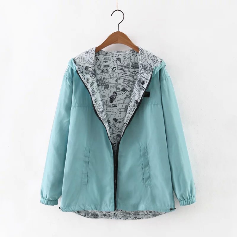 Lente Herfst Vrouwen Jas Coat Pocket Rits Hooded Twee Side Wear Cartoon Print Uitloper Losse Plus Size