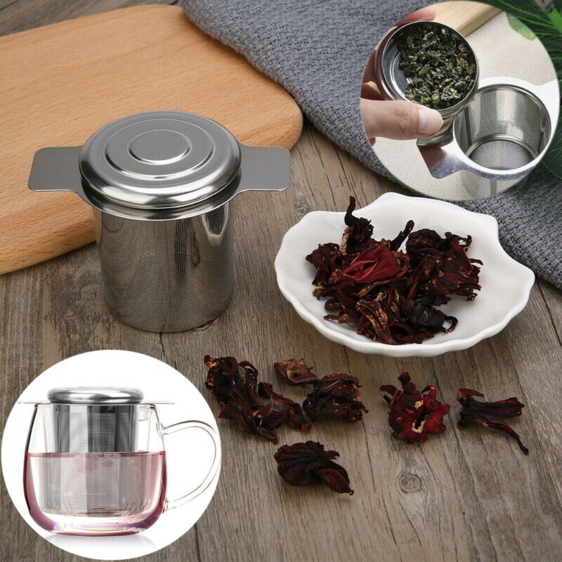 Stainless Steel Mesh Tea Infuser Metal Cup Strainer Loose Leaf Filter w/ Lid