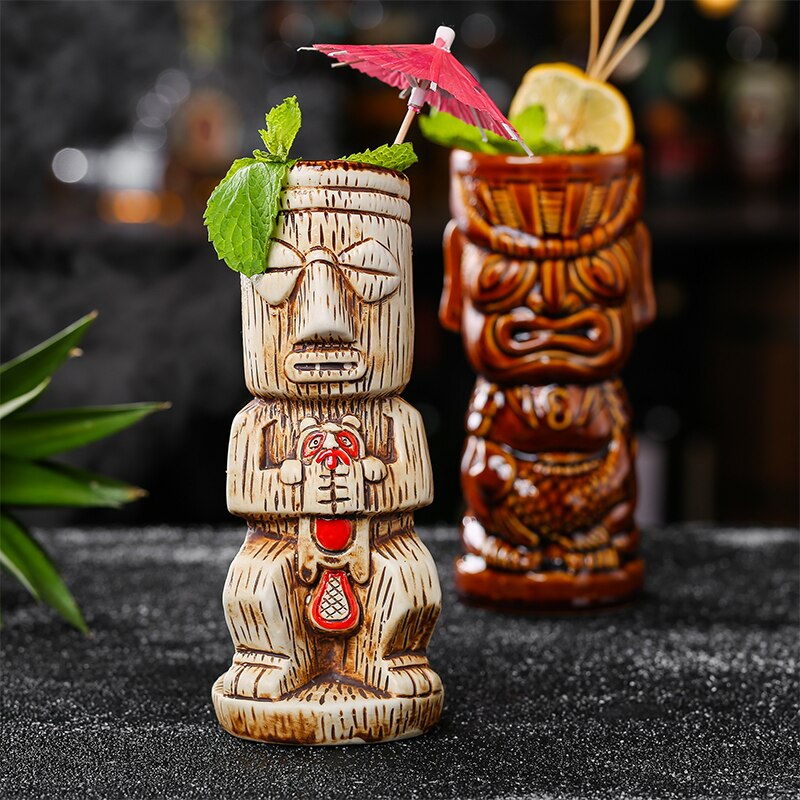 Copa de cóctel TIKI con forma de cráneo, recipiente de cerámica con estatua de Dios del Bar Hollywood, mezclador divertido de bebidas frías, vaso de vino artesanal