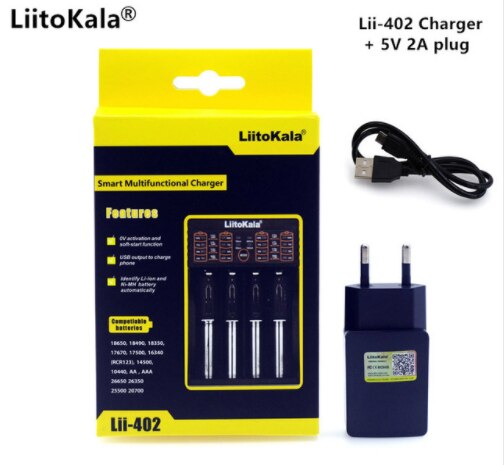LiitoKala Lii-500S Lii-402 Battery Charger - LCD Display, USB Output, Quick Charge for 18650 3.7V NiMH Lithium Batteries: Lii-402 and 5V2A plug / EU plug