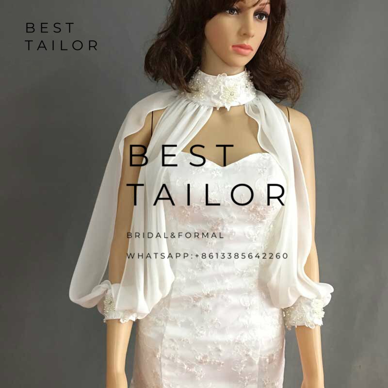 Kleuren beschikbaar! ivoor chiffon bruidsjassen bolero bruidsmeisjesjurken hoge hals split lange mouwen bruiloft accessoires: Ivoor