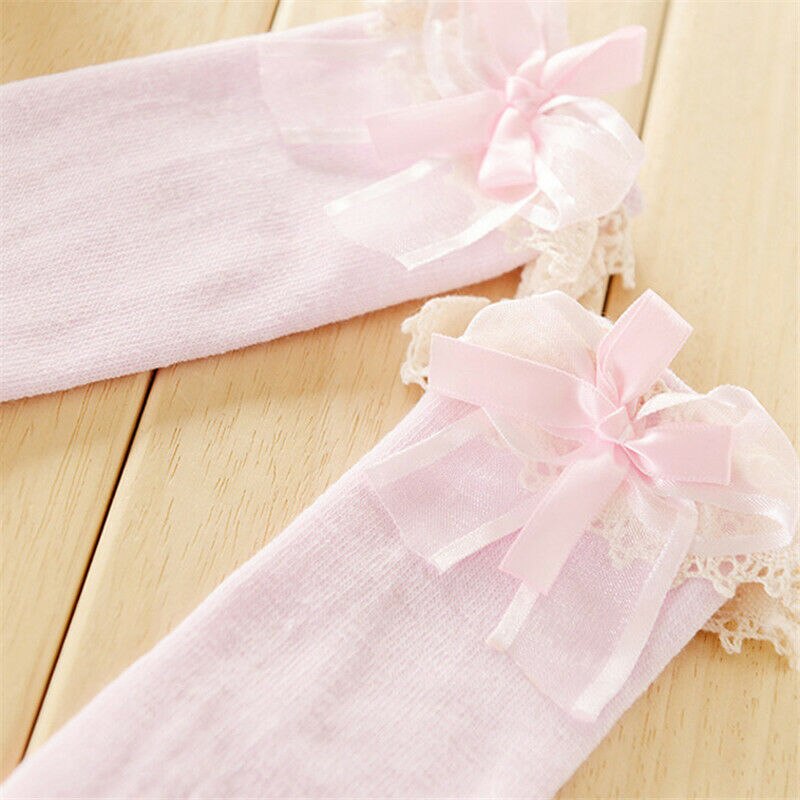 Meisjes baby tutu sokken spaans kniehoge satijnen strik sokken zacht geplooid kinderen 0-6 y