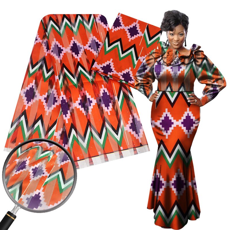 Nigéria ghana organza cetim tecido de seda impressão ancara cera africana 4 jardas + 2 metros chiffon seda para vestido YG812-2: As picture 8