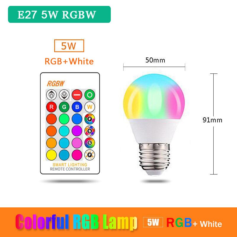 Bluetooth  e27 b22 rgbw led pære lys 5w 10w 12w 15w 110v 220v lampada skiftende farverige rgb led lampe med ir fjernbetjening: E27 5w rgbw