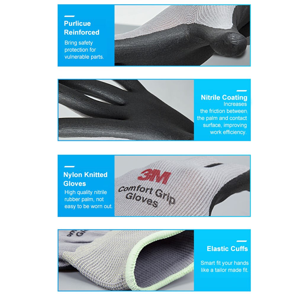 1pc 3M Comfort Grip guante nitrilo proteccción de goma guantes de resistencia al corte guantes de trabajo ajuste elástico Durable recubierto de