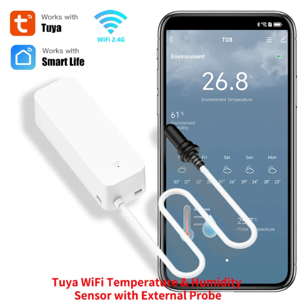 Tuya WiFi temperatuur-vochtigheidssensor met externe sonde voor Smart Home Hygrometer APP-monitoring voor planten Aquariumwijnmakerij