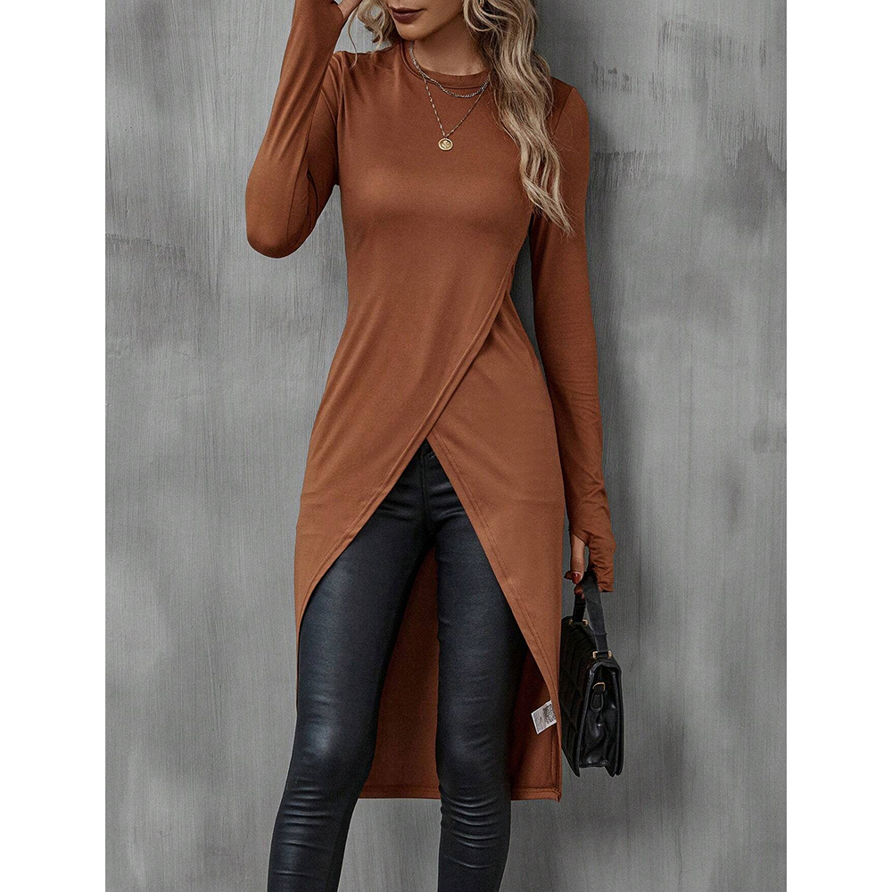 Mia Muse Camisetas de otoño para mujer, camisetas francesas decentes lisas de manga larga con cuello redondo, camisetas largas de calle: XS / Castaño