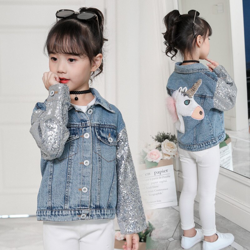 Eenhoorn Meisjes Jassen Sequin Cowboy Stijl Tieners Bovenkleding Borduurwerk Mode Meisjes Jas Kinderkleding Kids Jean Jas