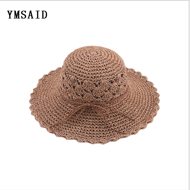 Ymsaid, sombrero redondo de verano para mujer, sombreros de paja de ala ancha tejidos a mano, gorras de Sol de para mujer, sombrero plegable de playa bohemio