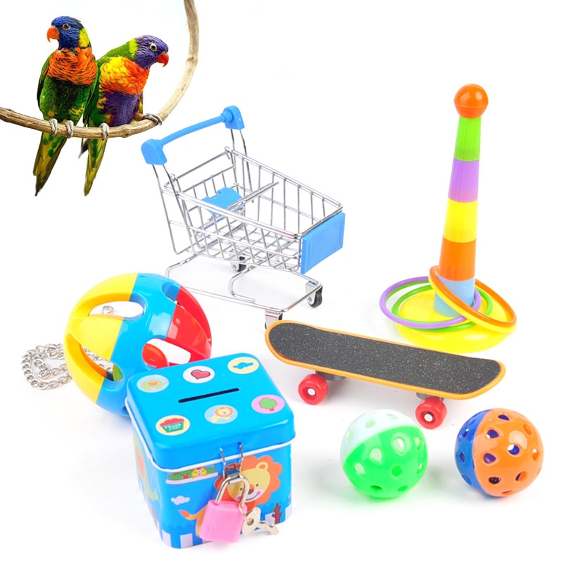 5/6/7 Pcs/Set Papegaai Speelgoed Interactieve Traning Vogels Speelgoed Puzzel Papegaai Speelgoed Set Skateboard Winkelwagen Bal vogel Activiteit Speelgoed