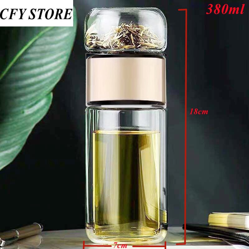 380ml Glass Double Wall Water Bottle High Borosilicate Glass Tea Water Separation Cup Milk Coffee Drinking Glasses Drinkware: Gold 380ml