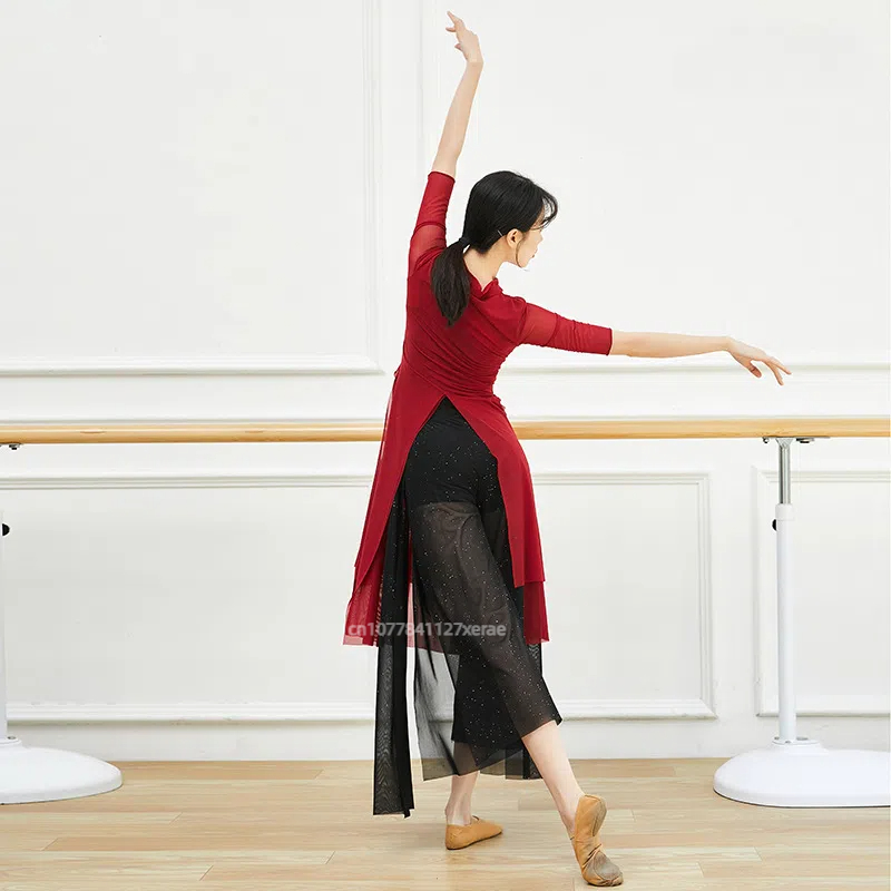 Chinese Style Modern Dance Practice Hanfu Medium Long Women's Classical Ethnic Double Layered Slit Gauze Clothes: M / Red