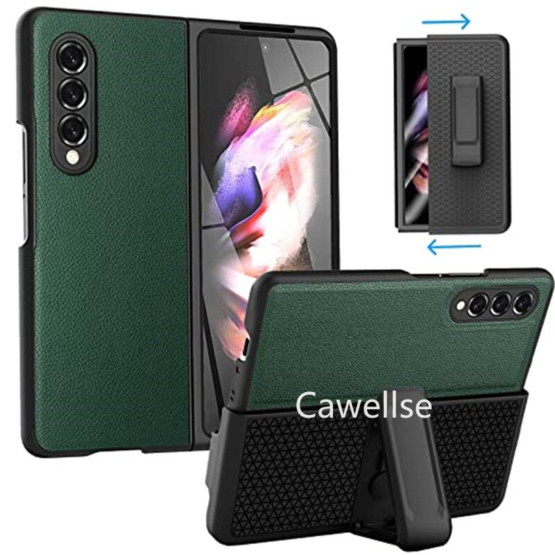 Leather Phone Case with Clip for Samsung Galaxy Z Fold 3 5G Snap-On Cover with Rotating Belt Holster Combo Kickstand Z Flod3: lychee Green