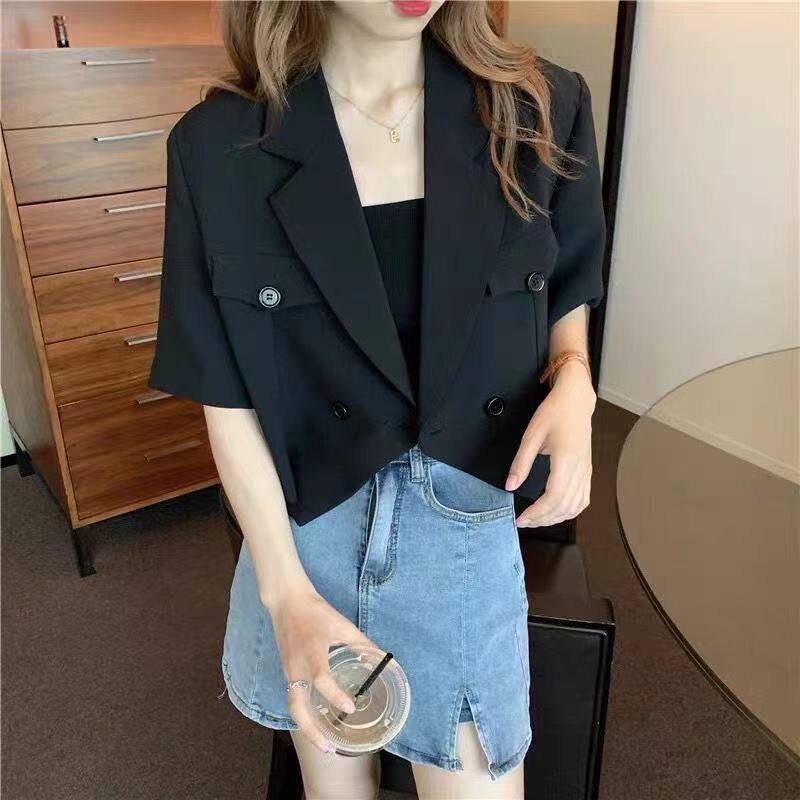 Zomer Korte Mouw Onregelmatige Zwarte Blazers Vrouwen Modieuze Ulzzang Office Lady Double Breasted Crop Tops Losse Uitloper Suits: Black / Xl