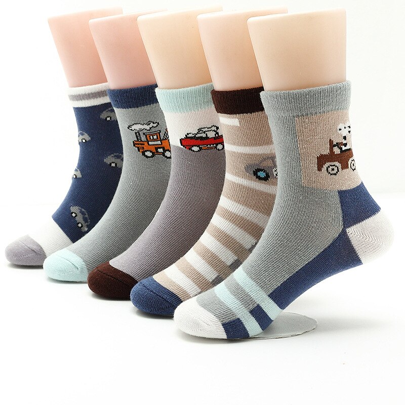 Chaussettes en coton pour enfants de 3 à 15 ans, pour garçons, jolis motifs de dessins animés, automne et hiver, 5 paires/lot: 12-15 year