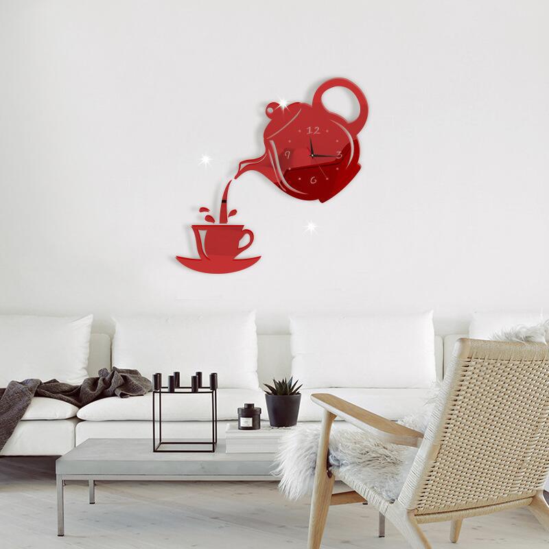 DIY 3D Wall Clock Acrylic Coffee Cup Teapot Decorative Kitchen Wall Clocks Living Room Dining Room Home Decor Clock: Red / 28x21cm