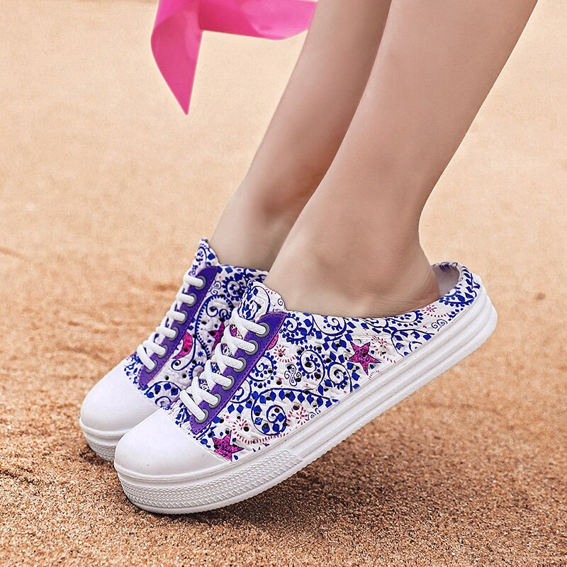 Women's Mules Flats Shoes Big Size 36-41 Summer Style Women Pink Shoes Casual Breathable Wedge Pattern Outdoor Slides Shoes