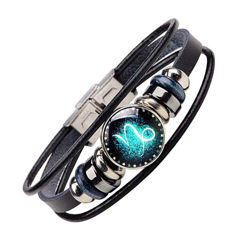 Zwölf Sternzeichen Armband 12 Konstellation Armband Schwarz Multilayer Leder Männer Armreif Geburtstag: Capricorn-10