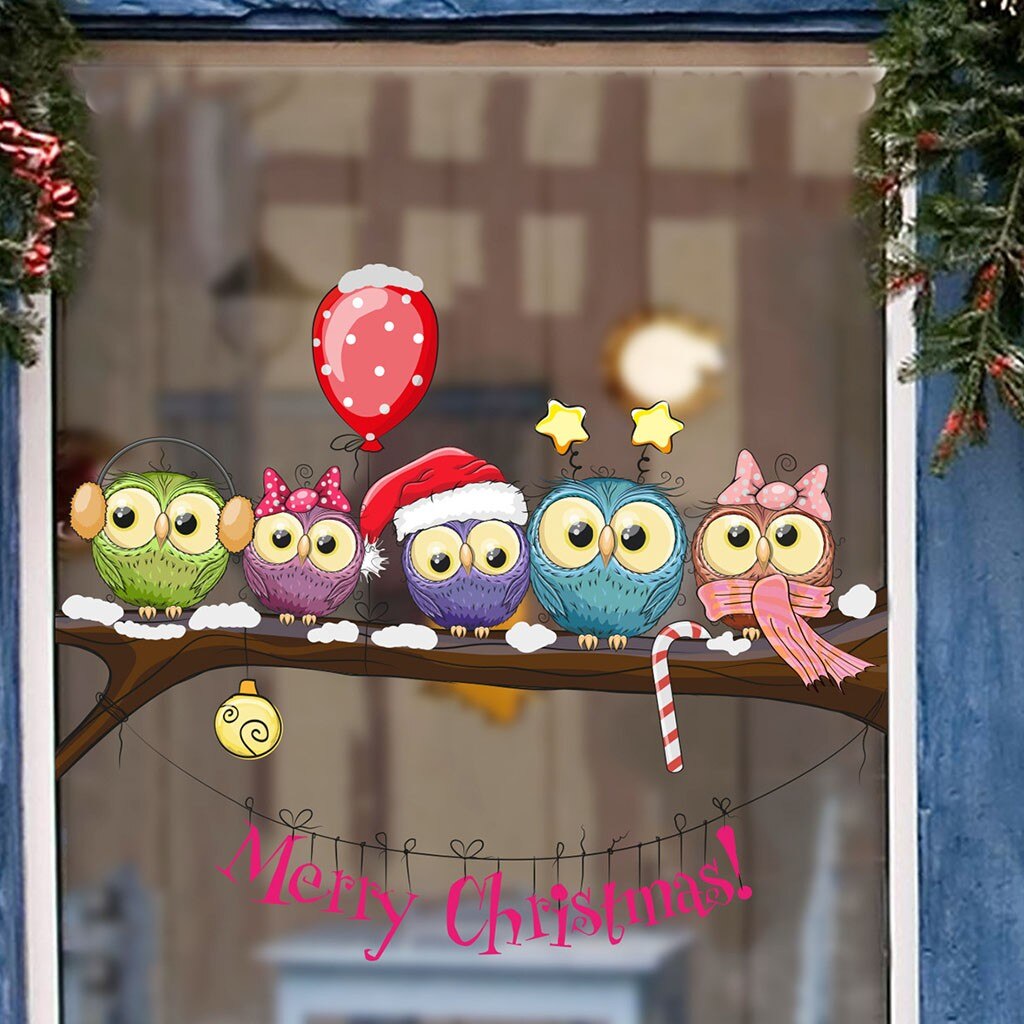 Christmas-dressed Owl On A Tree Branch Wall Stickers Wall Window Christmas -year Christmas Festival Stickers Decoration