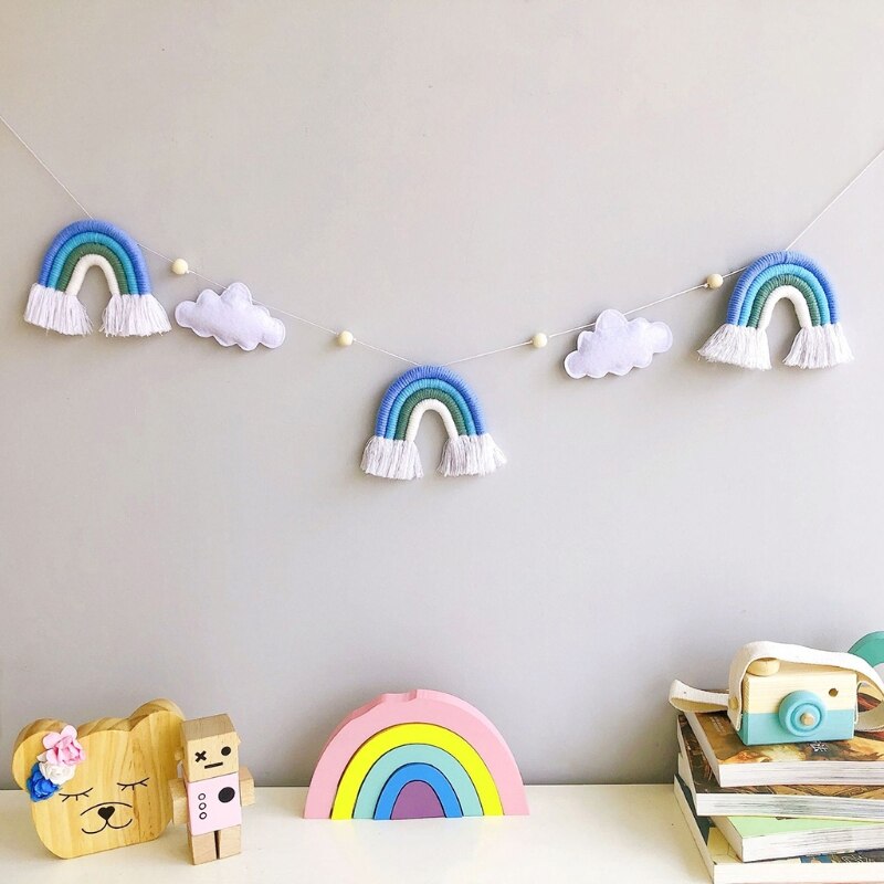 Guirnalda de cuentas de madera nórdica con nube de fieltro, lana de punto, borlas de arcoíris, adorno colgante, accesorios para sesiones fotográficas