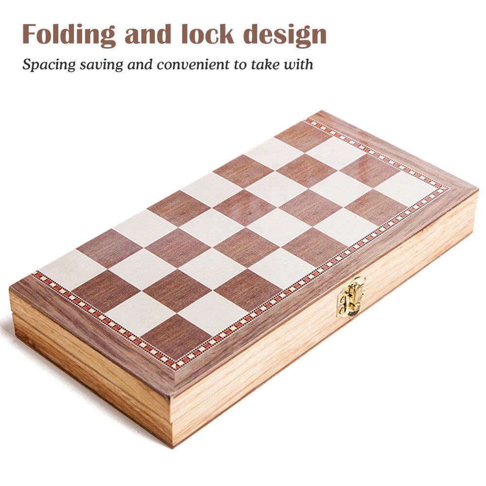 3-in-1 Multifunctional Wooden Chess Set Folding Chessboard Game Travel Games Chess Checkers Draughts and Backgammon Set