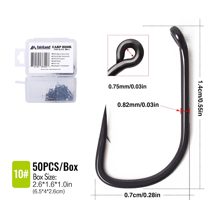 100Pcs/lot barbed fishing hooks TFSH-B fishhooks 2# 4# 6# 8# 10# Black TEFLON Coated high carbon steel Carp Fishing Hook 50 PCS: TFSH-B 10 50 PCS