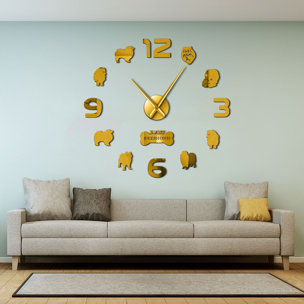 Keeshond-Reloj de pared grande para hombre, reloj de pared grande 3D con de perro barcaza holandesa, sonriente, alemán, Spitz, Deutscher, Wolfspitz, Kees