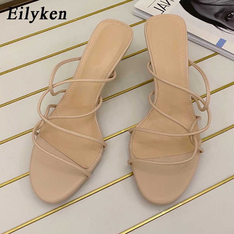 Eilyken Brand Women Slipper Cross Strap Casual Outdoor Sandal Ladies Thin High Heels Slides Sandal: Apricot / 35