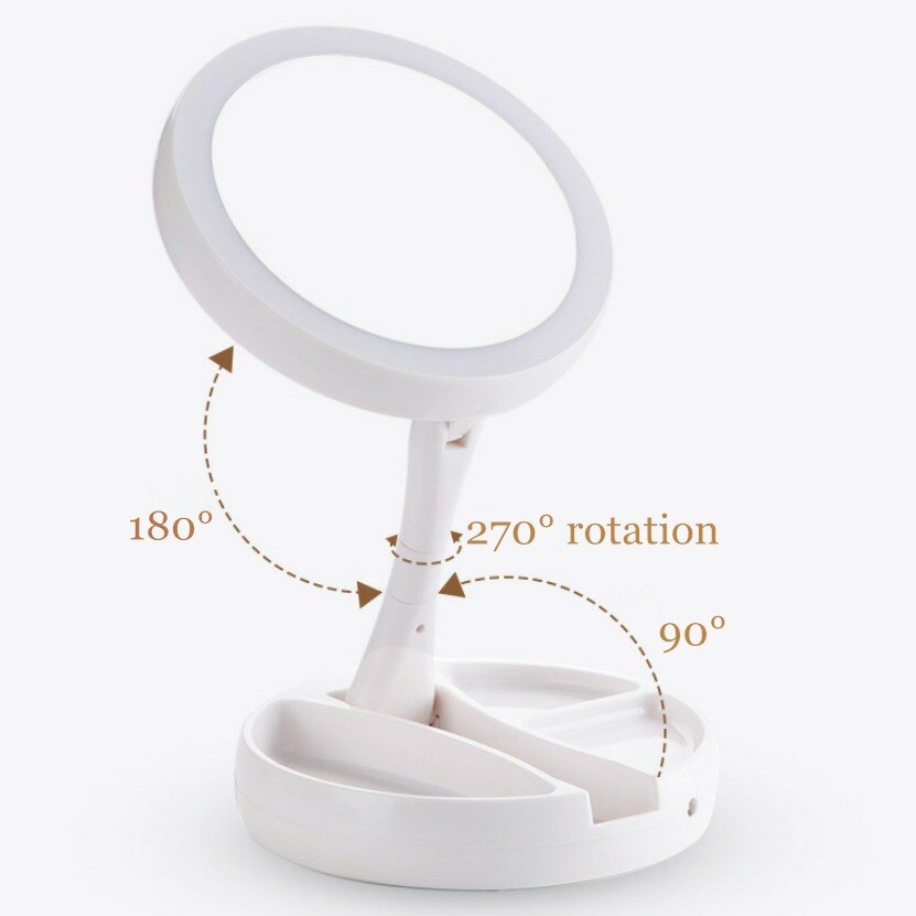 Foldable USB Charging Battery Led Makeup Mirror White Vanity Cosmetic Mirror with Light 10X Magnifying Makeup Storage Mirrors