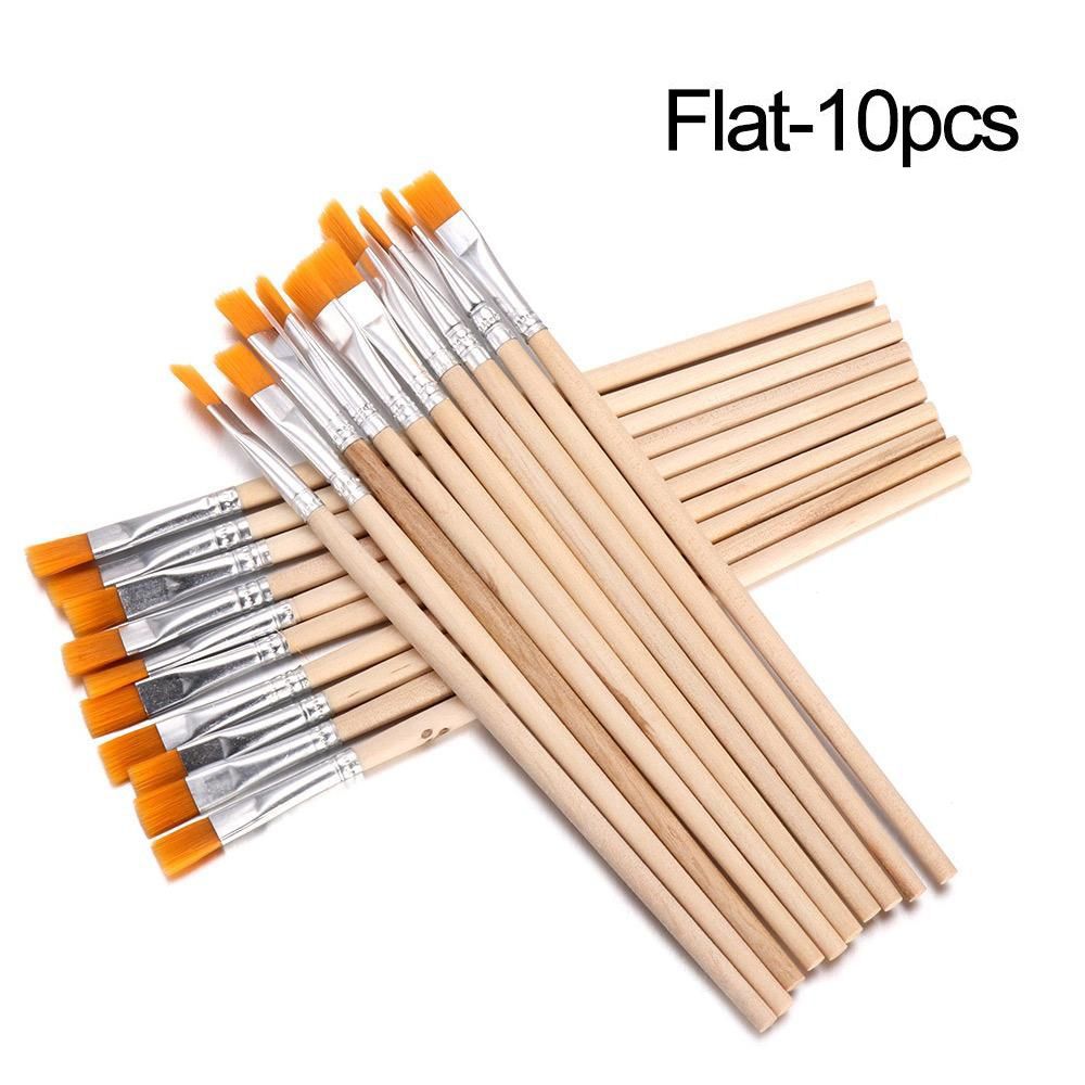 Set de 10 Pinceles de Pintura - Pelo de Nylon + Mango de Madera - Acuarela, Óleo, Caligrafía - Materiales de Arte: Blanco