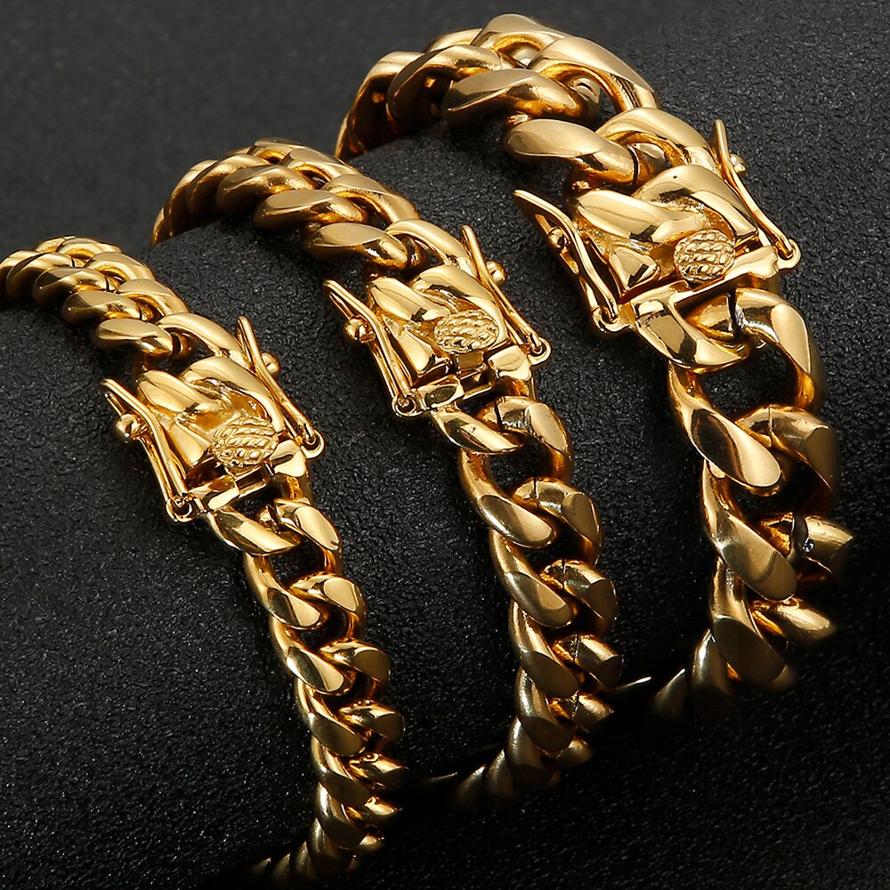 9/10/15MM Width Cuban Chain Bracelet For Men Stainless Steel Hiphop Golden Jewelry Best Friends Birthday With Bag