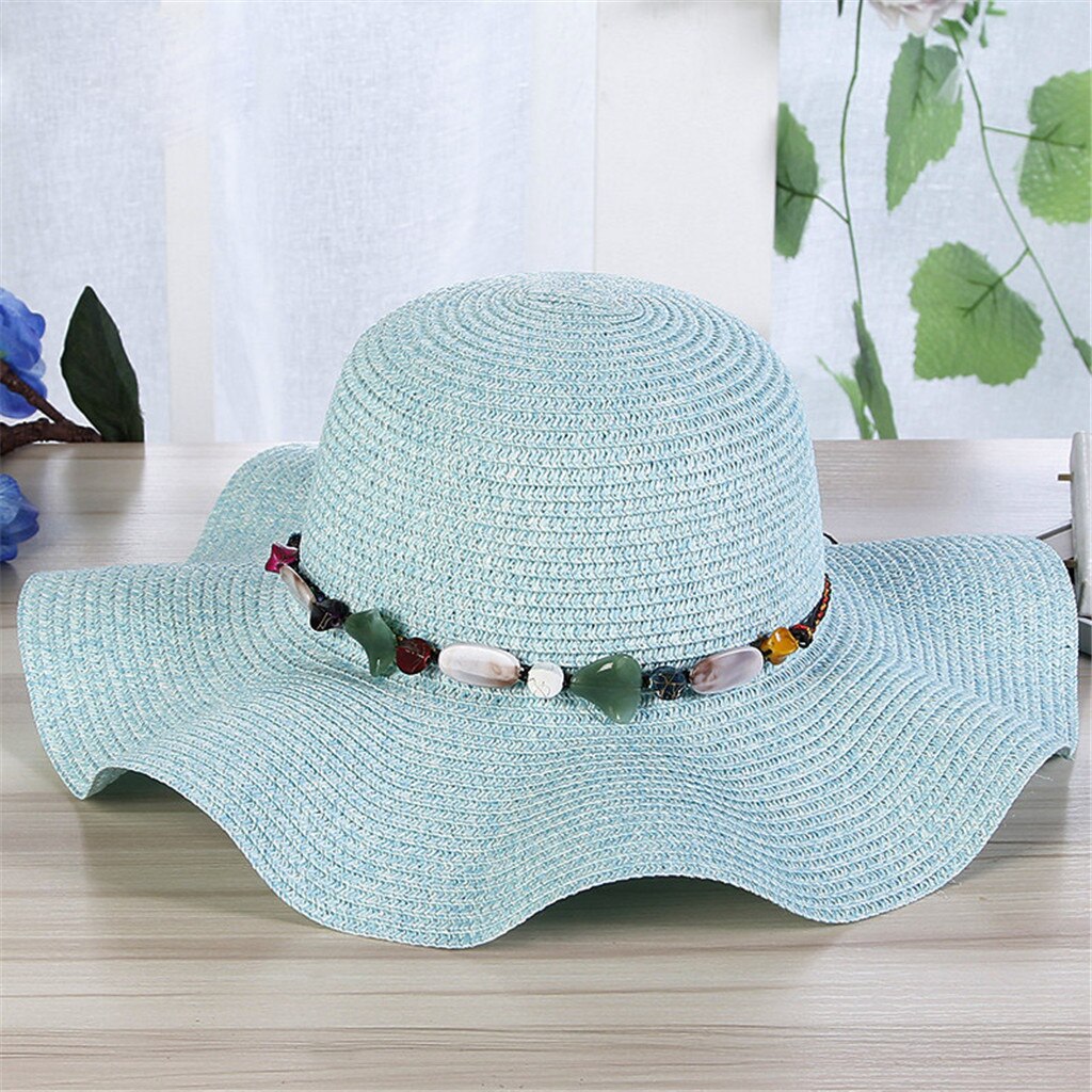 Women Big Wide Brim Straw Hat Colorful Stone Beach Sun Foldable Cap